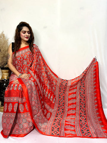 Beautiful Designer Ajrakh Pure Guji Bandhej Saree