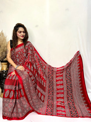 Beautiful Designer Ajrakh Pure Guji Bandhej Saree