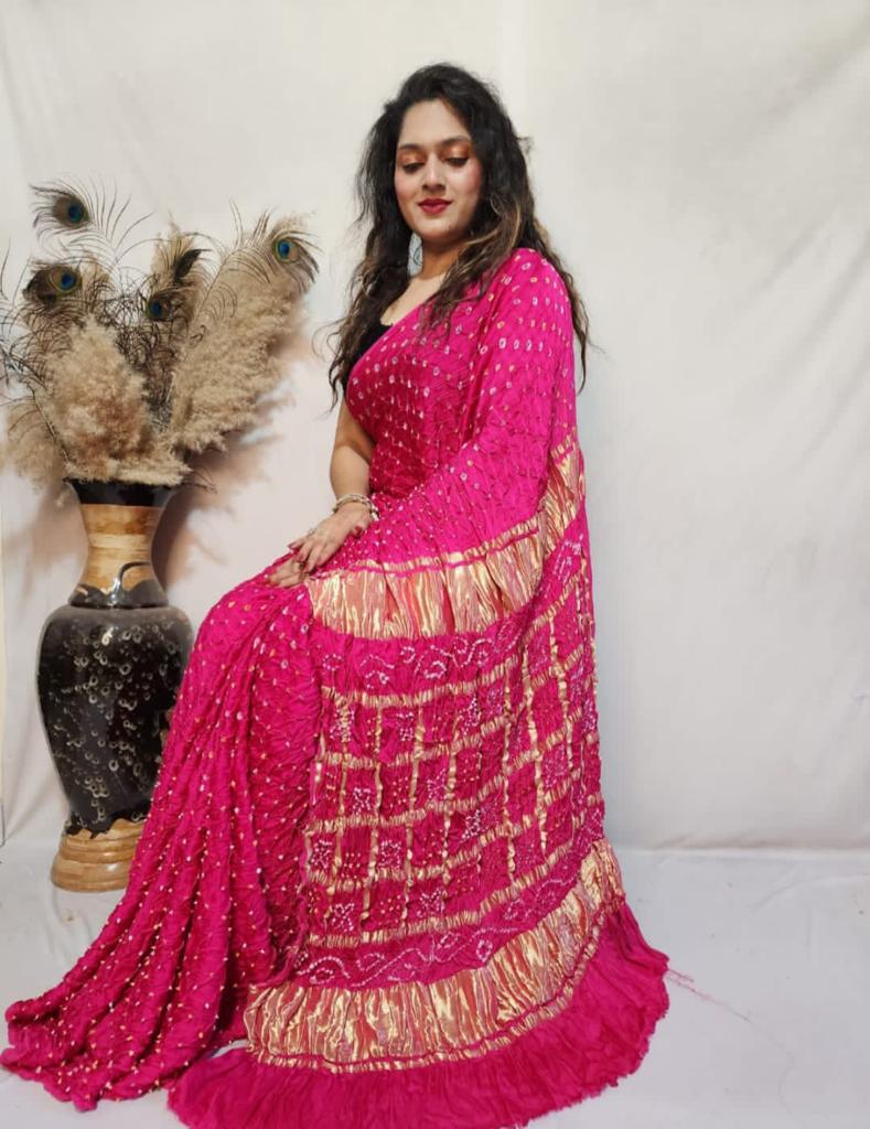 Beautiful Designer Ajrakh Pallu Chex Guji Bandhej Saree