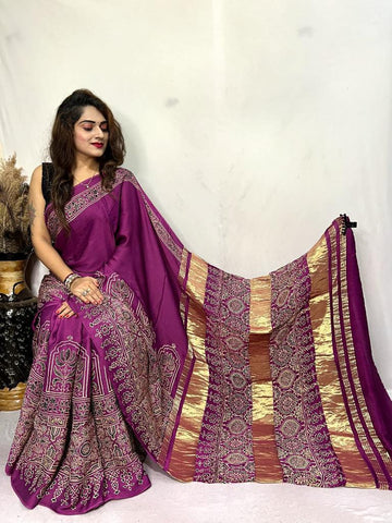 Beautiful Designer Ajrakh Pallu Chex Guji Bandhej Saree