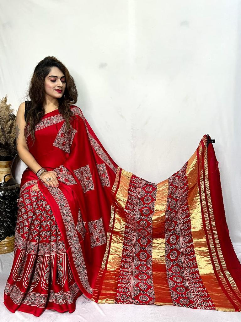 Beautiful Designer Ajrakh Pallu Chex Guji Bandhej Saree