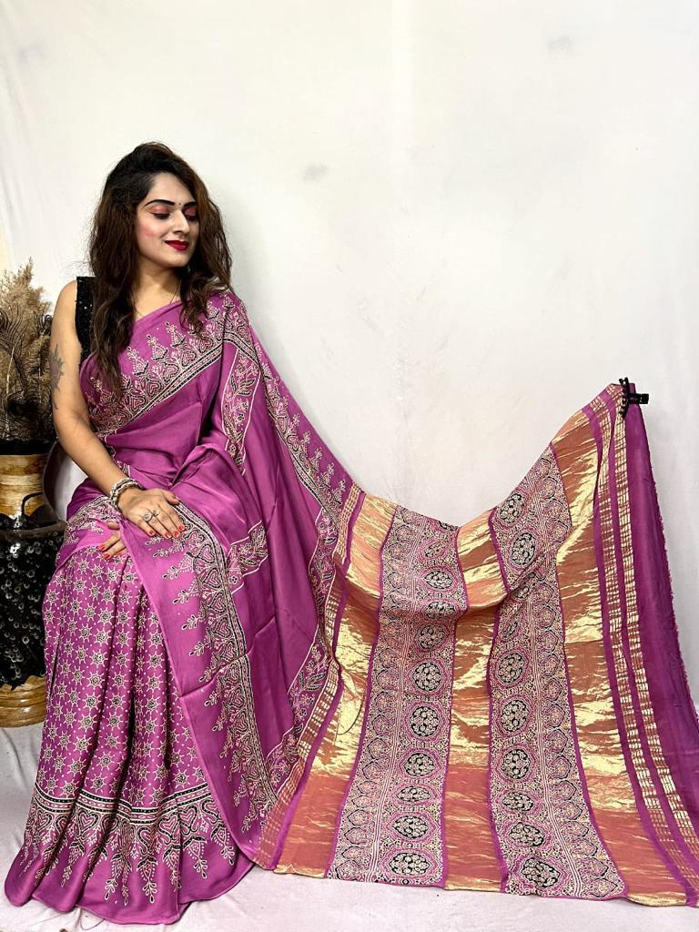 Beautiful Designer Ajrakh Pallu Chex Guji Bandhej Saree