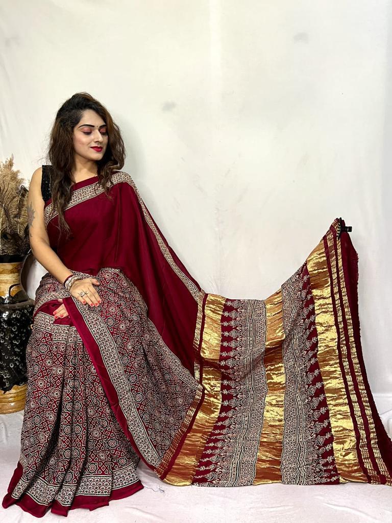 Beautiful Designer Ajrakh Pallu Chex Guji Bandhej Saree