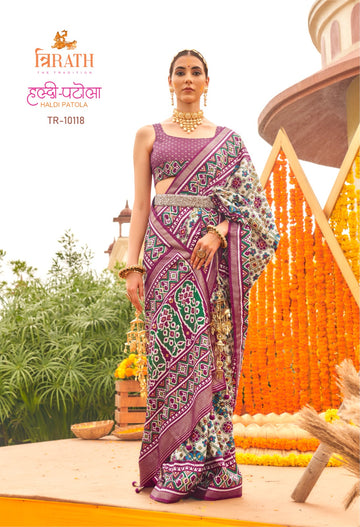 Beautiful Designer Trirath Haldi Patola Silk Saree