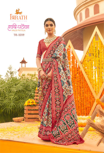 Beautiful Designer Trirath Haldi Patola Silk Saree