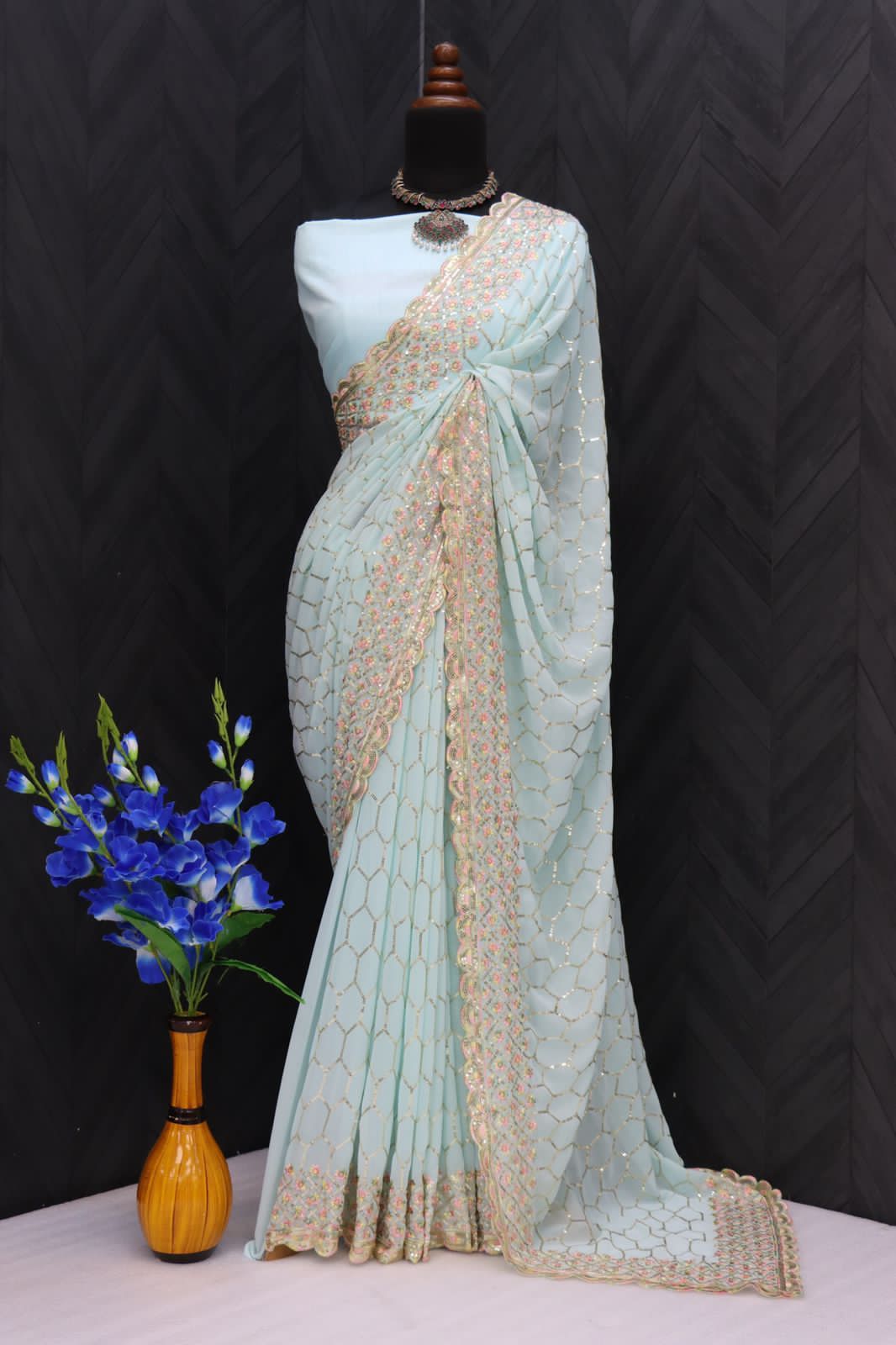 Beautiful Designer Faux Georgette With Sequence Saree