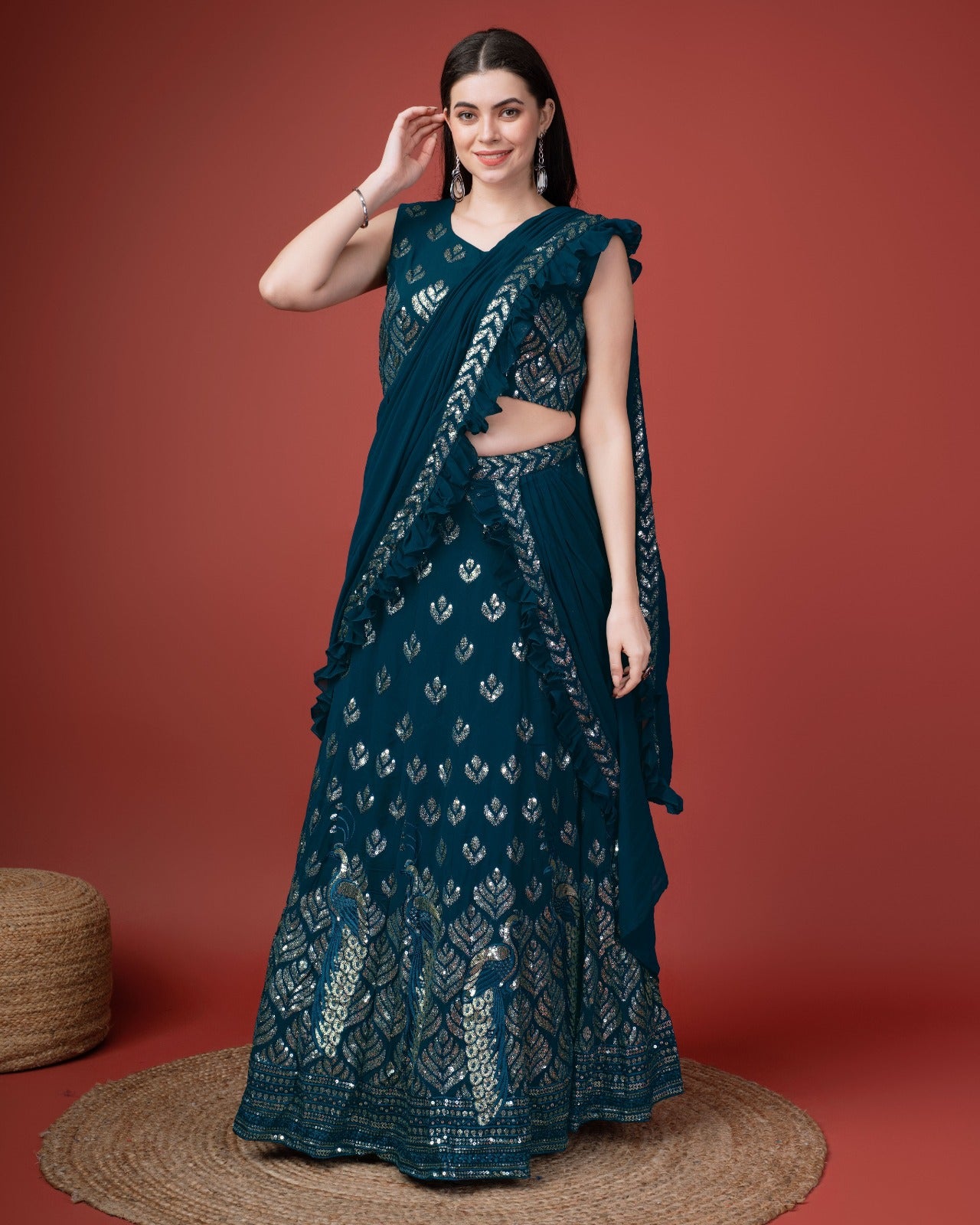 Buy Blue Georgette Embroidered Satin Pre-draped Lehenga Saree Set For Women  by Adi By Aditya Khandelwl Online at Aza Fashions.