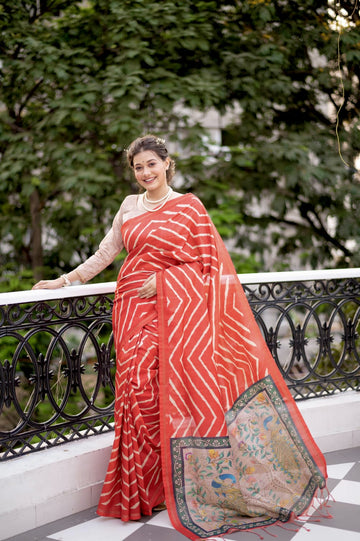 Beautiful Designer Laheriya With Kalamkari Tussar silk Saree