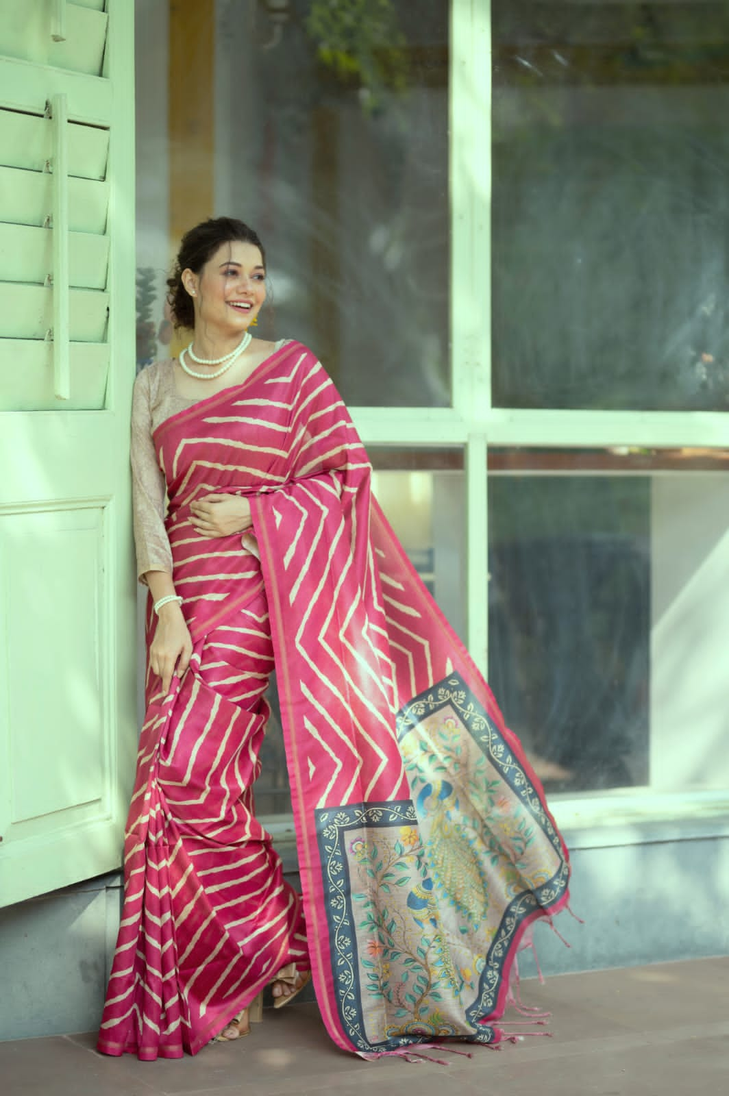 Beautiful Designer Laheriya With Kalamkari Tussar silk Saree