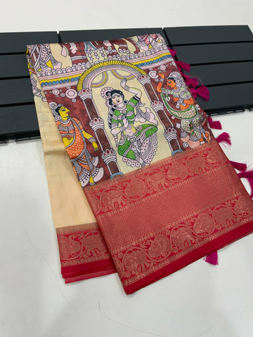 Beautiful Designer MunMun Soft Banarasi Silk Kalamkari Block Print Saree