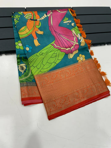 Beautiful Designer MunMun Soft Banarasi Silk Kalamkari Block Print Saree