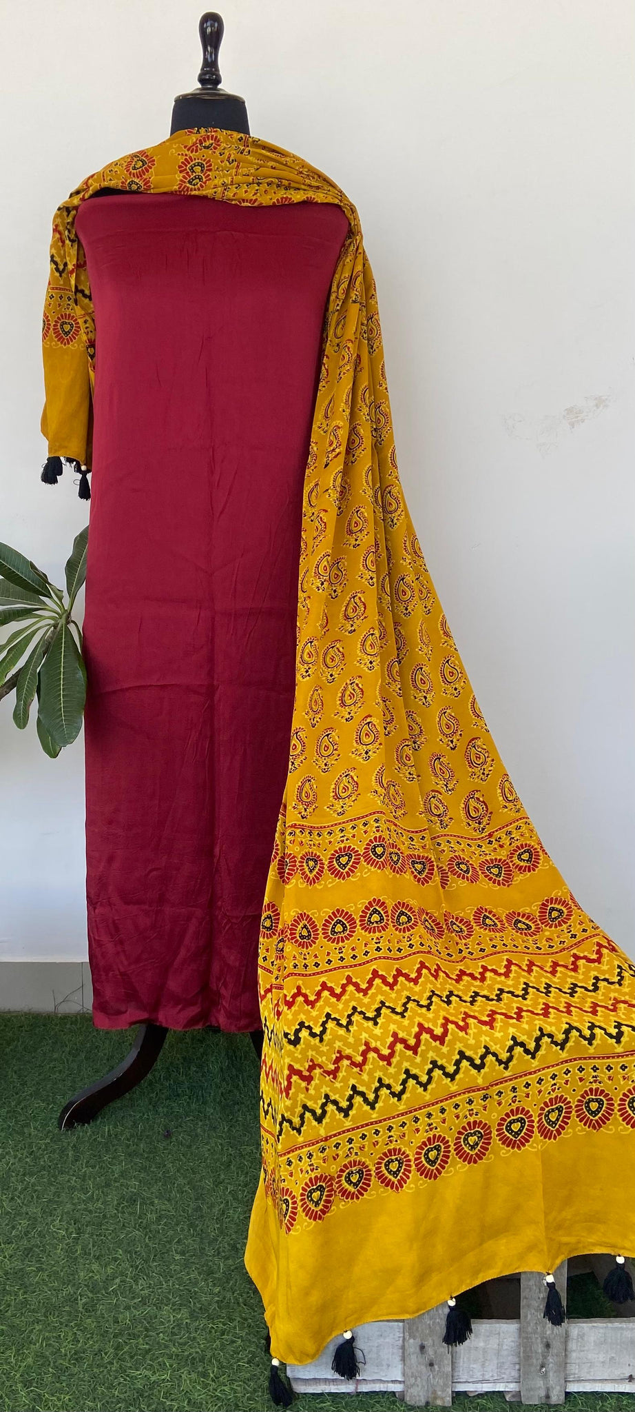 Beautiful Plain Top with Ajrakh Print Dupptta Salwar Suit