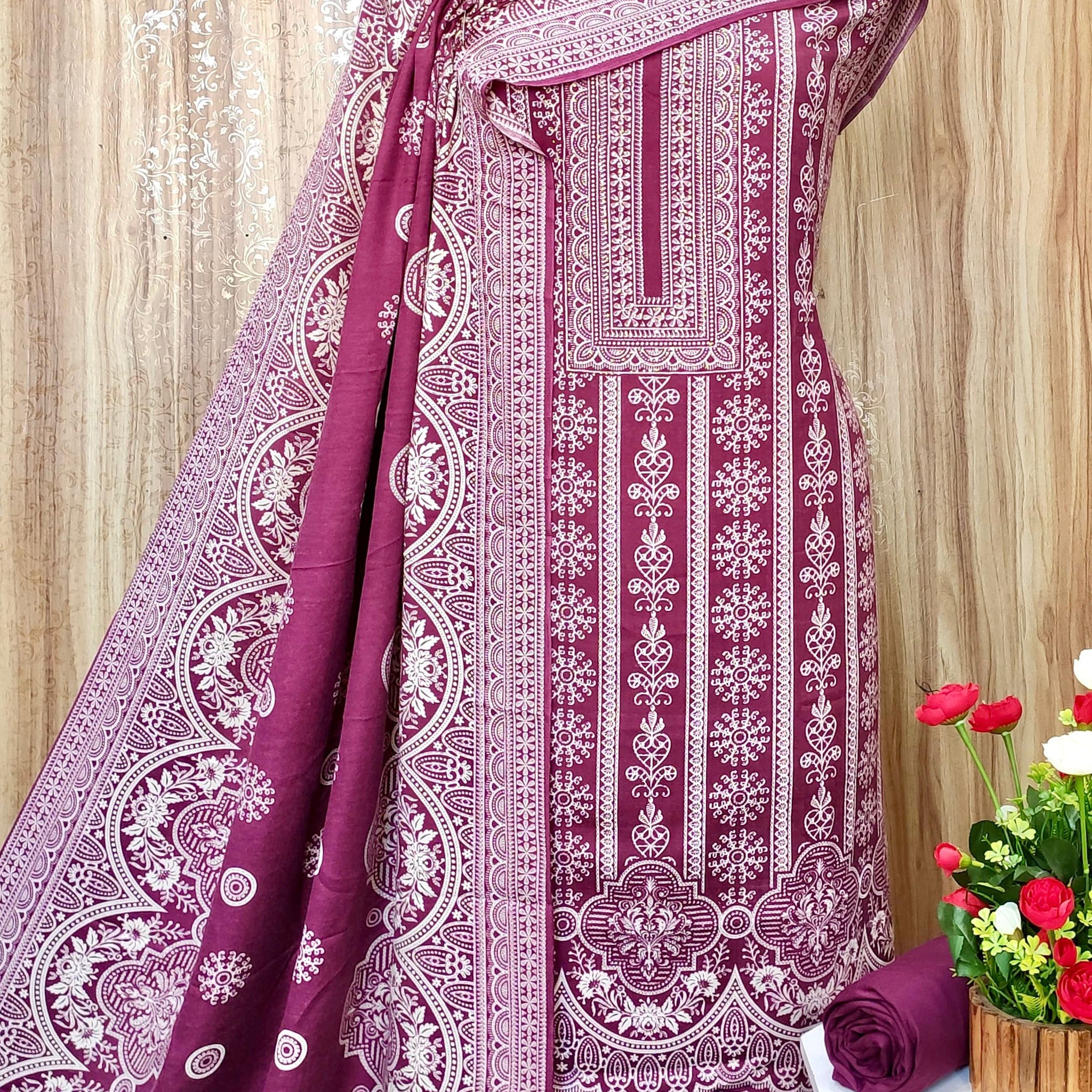 Winter Pashmina Print With Sarvoski Neck Salwar Suit