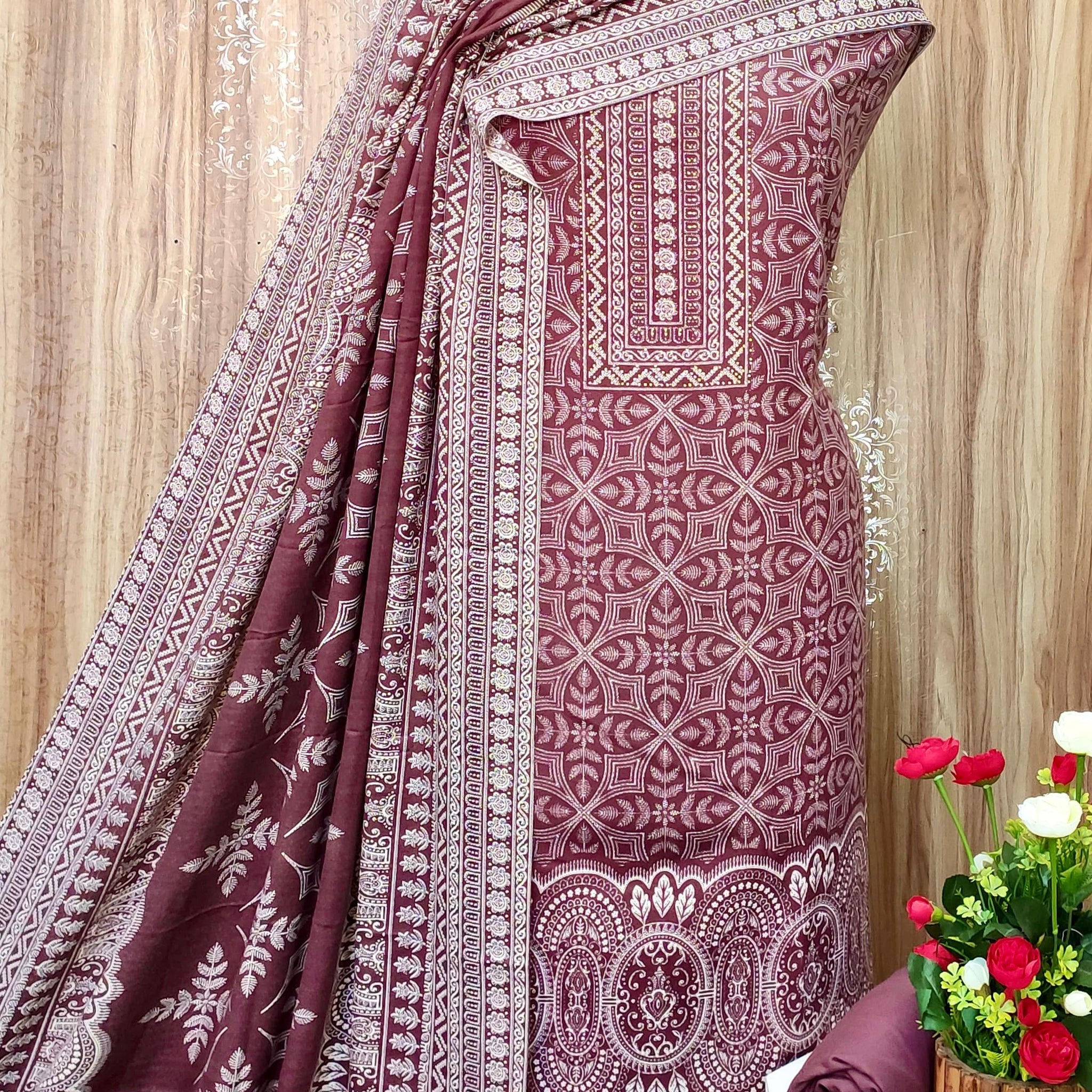 Winter Pashmina Print With Sarvoski Neck Salwar Suit