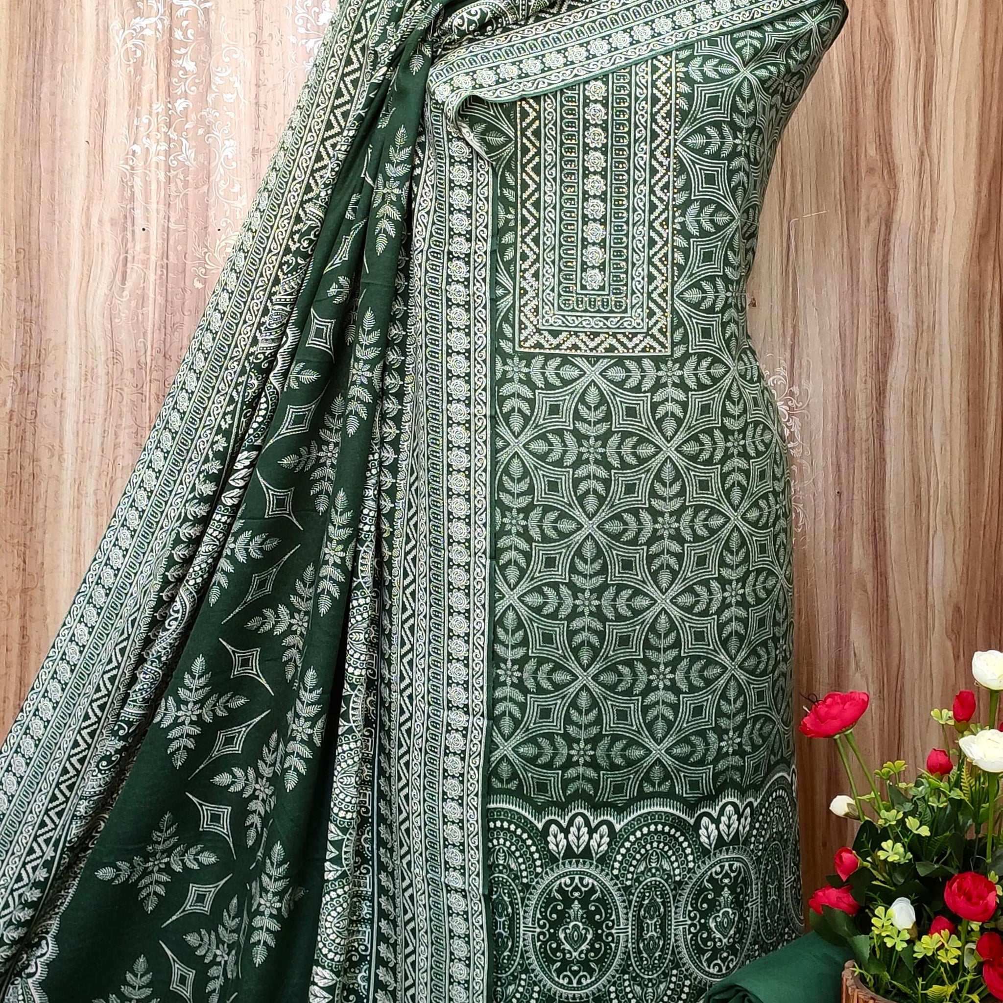 Winter Pashmina Print With Sarvoski Neck Salwar Suit