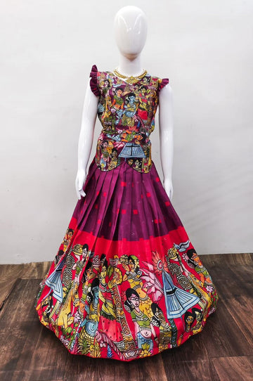 Beautifully Stitched Kalamkari Printed Sequins Kids Dress