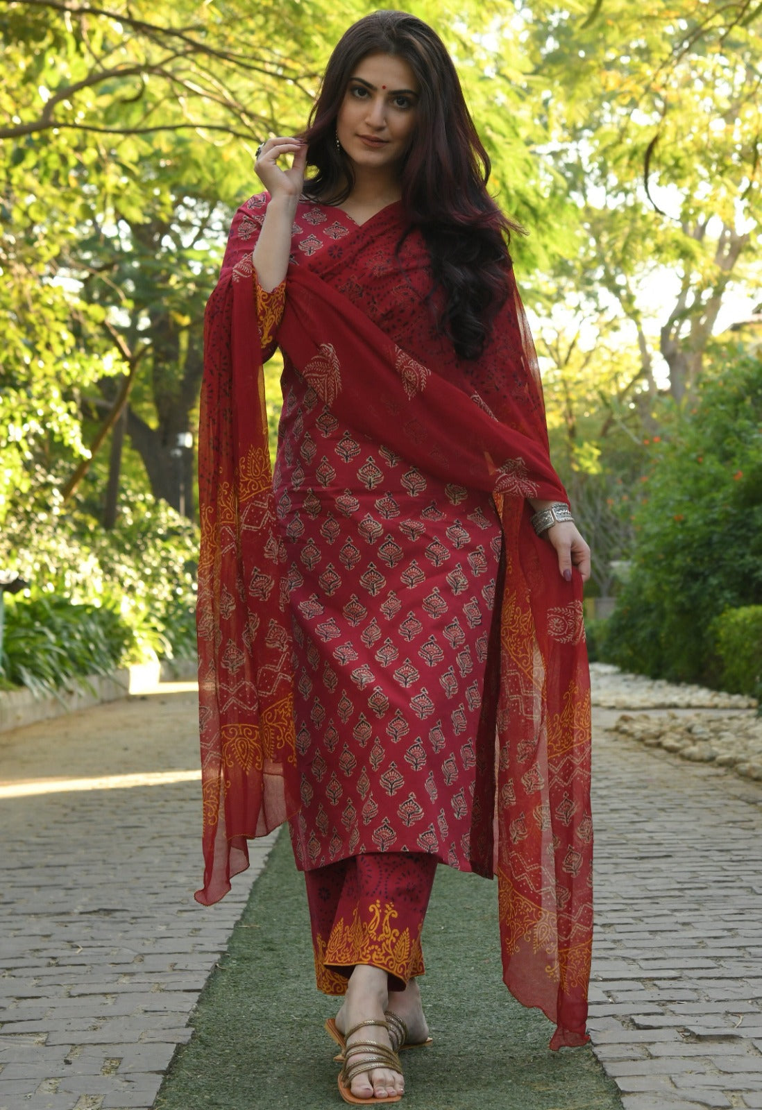 Beautiful Women's Berry Maroon Kurti Pant with Dupatta Set