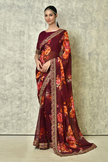 Beautiful Designer Georgette Chiffon Flower Print Saree