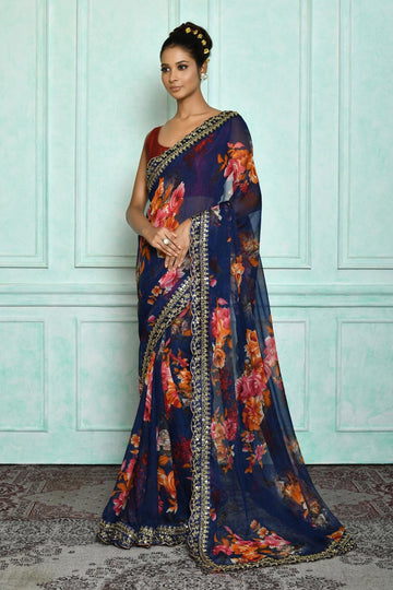 Beautiful Designer Georgette Chiffon Flower Print Saree