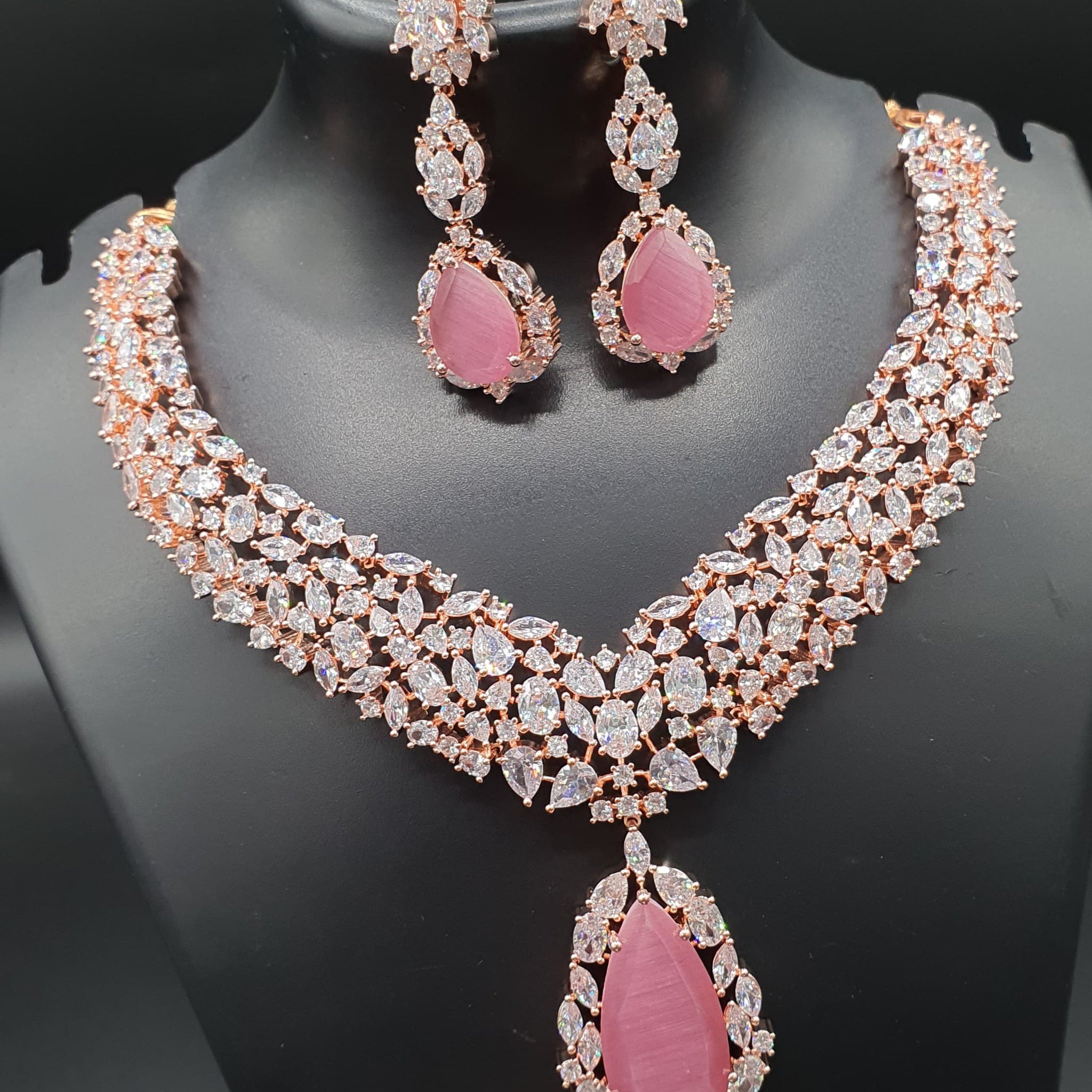 Beautiful American Diamond Antique Stone Necklace with Earrings Jewellery