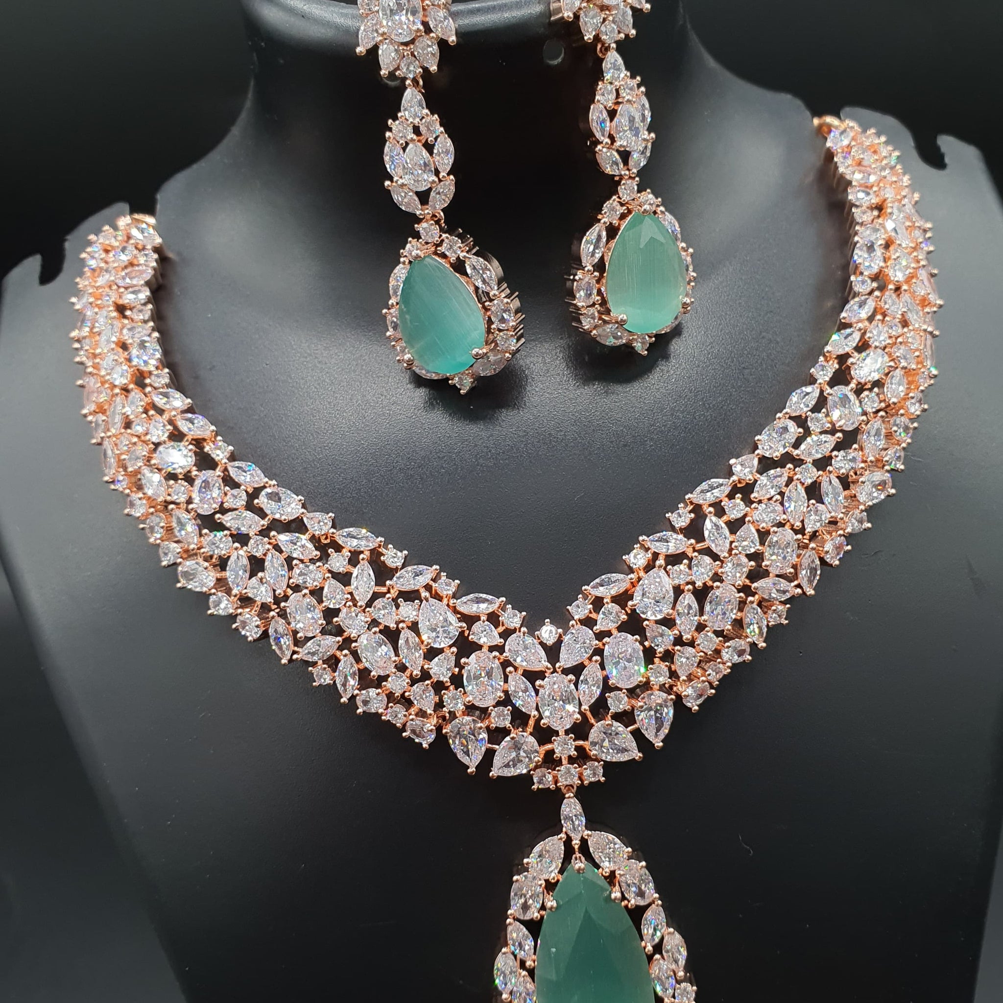 Beautiful American Diamond Antique Stone Necklace with Earrings Jewellery