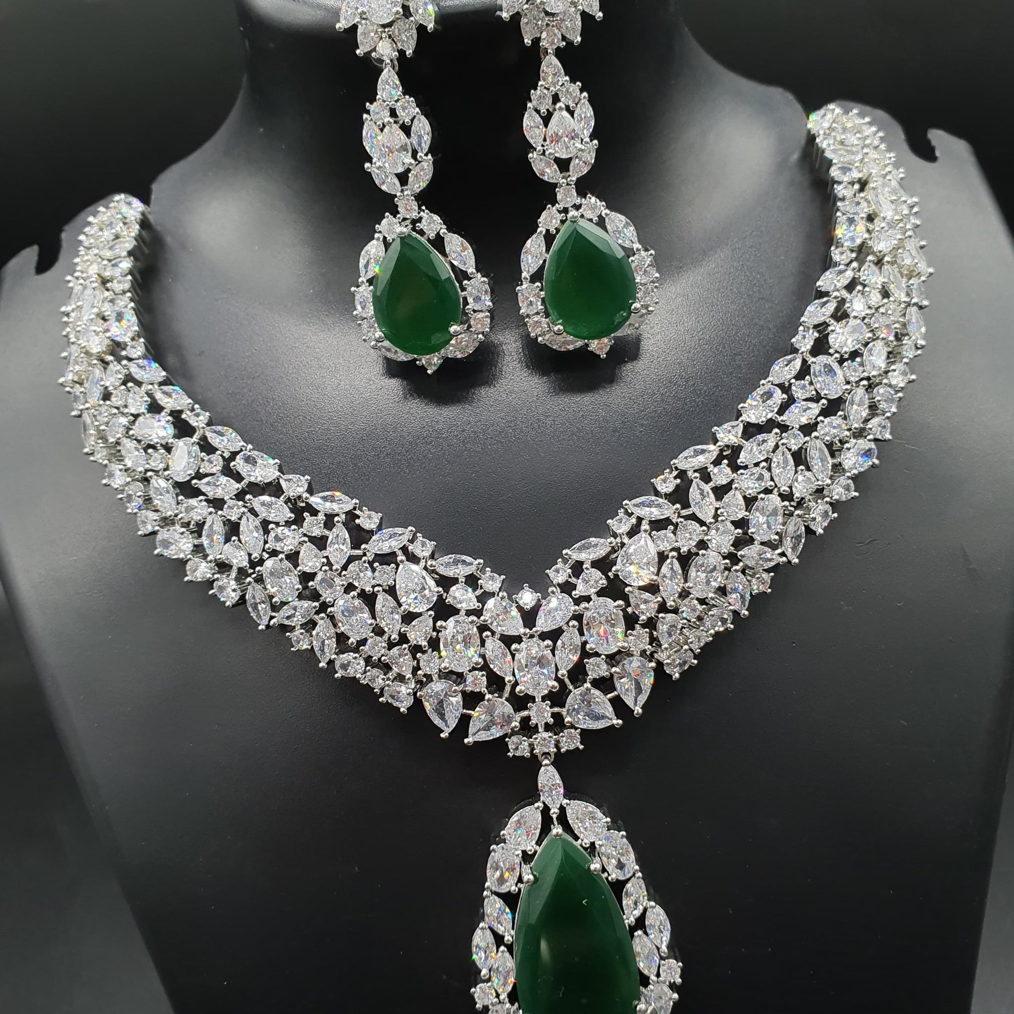 Beautiful American Diamond Antique Stone Necklace with Earrings Jewellery