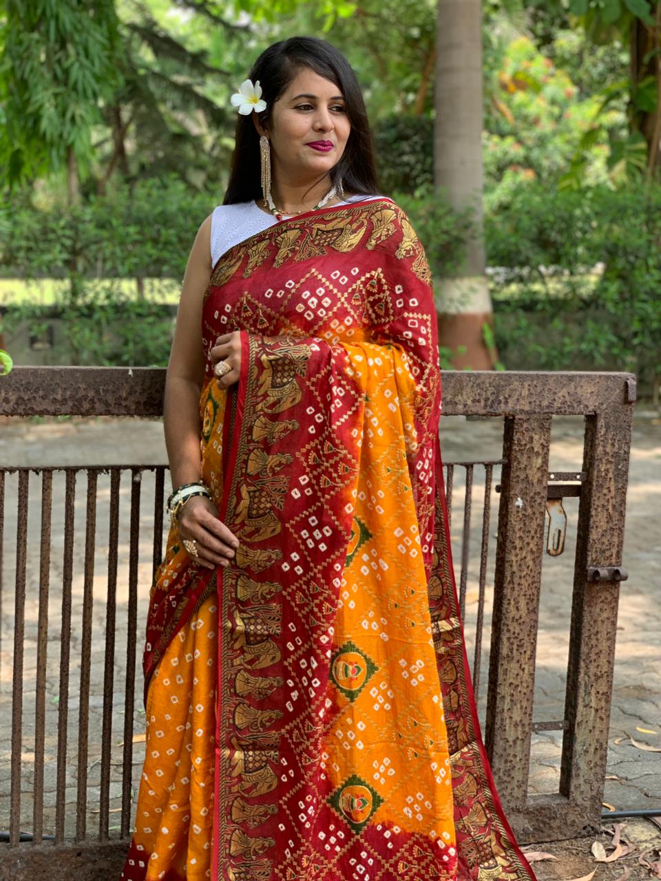 Beautiful Designer Pure Bandhej Panetar Ghantdi Work Saree