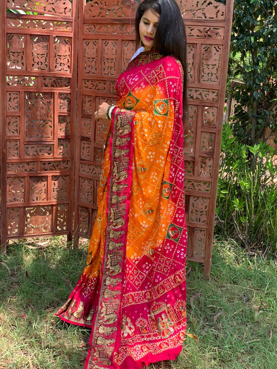 Beautiful Designer Pure Bandhej Panetar Ghantdi Work Saree