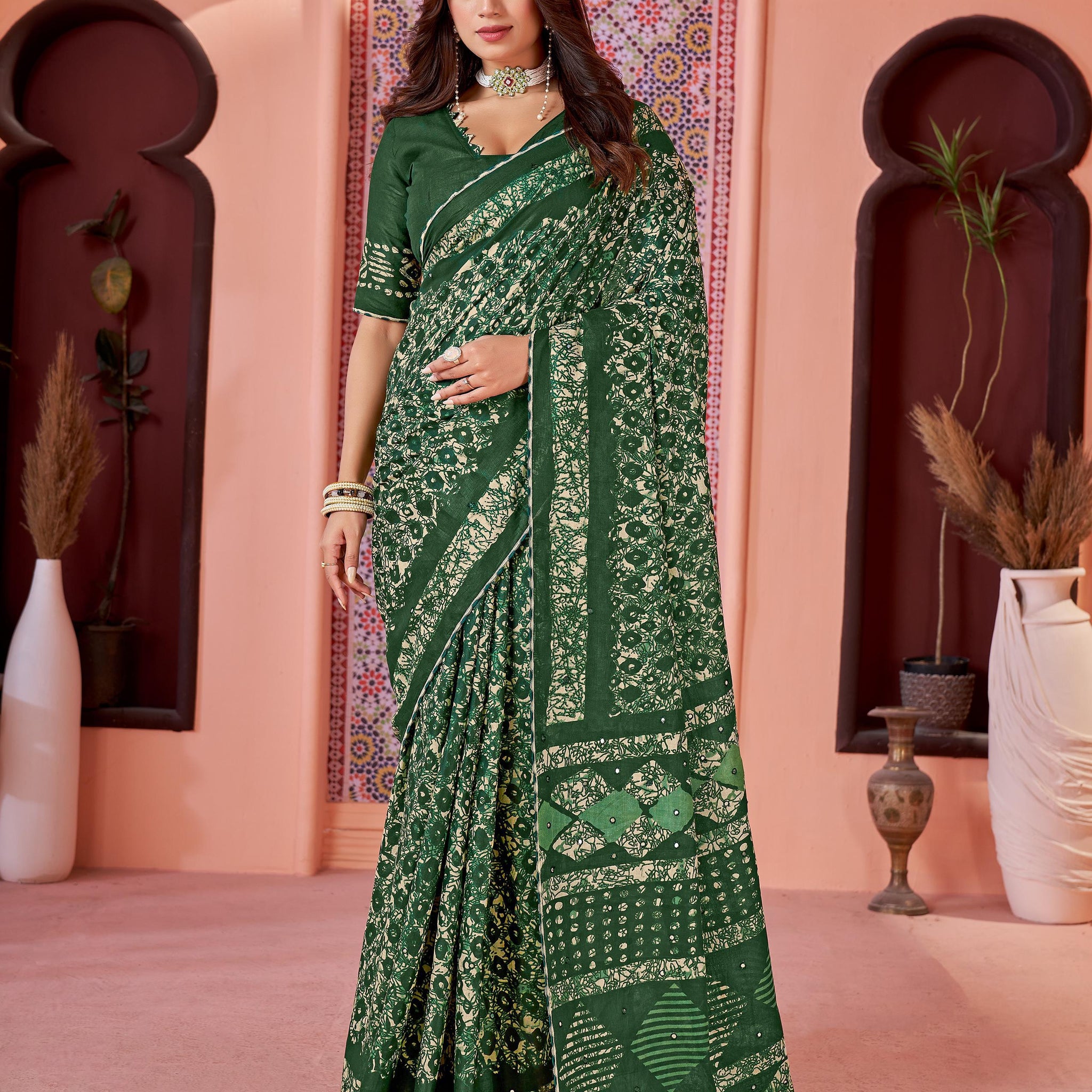 Jaipur Ikkat Cotton Block Print  Mirror Pallu Saree