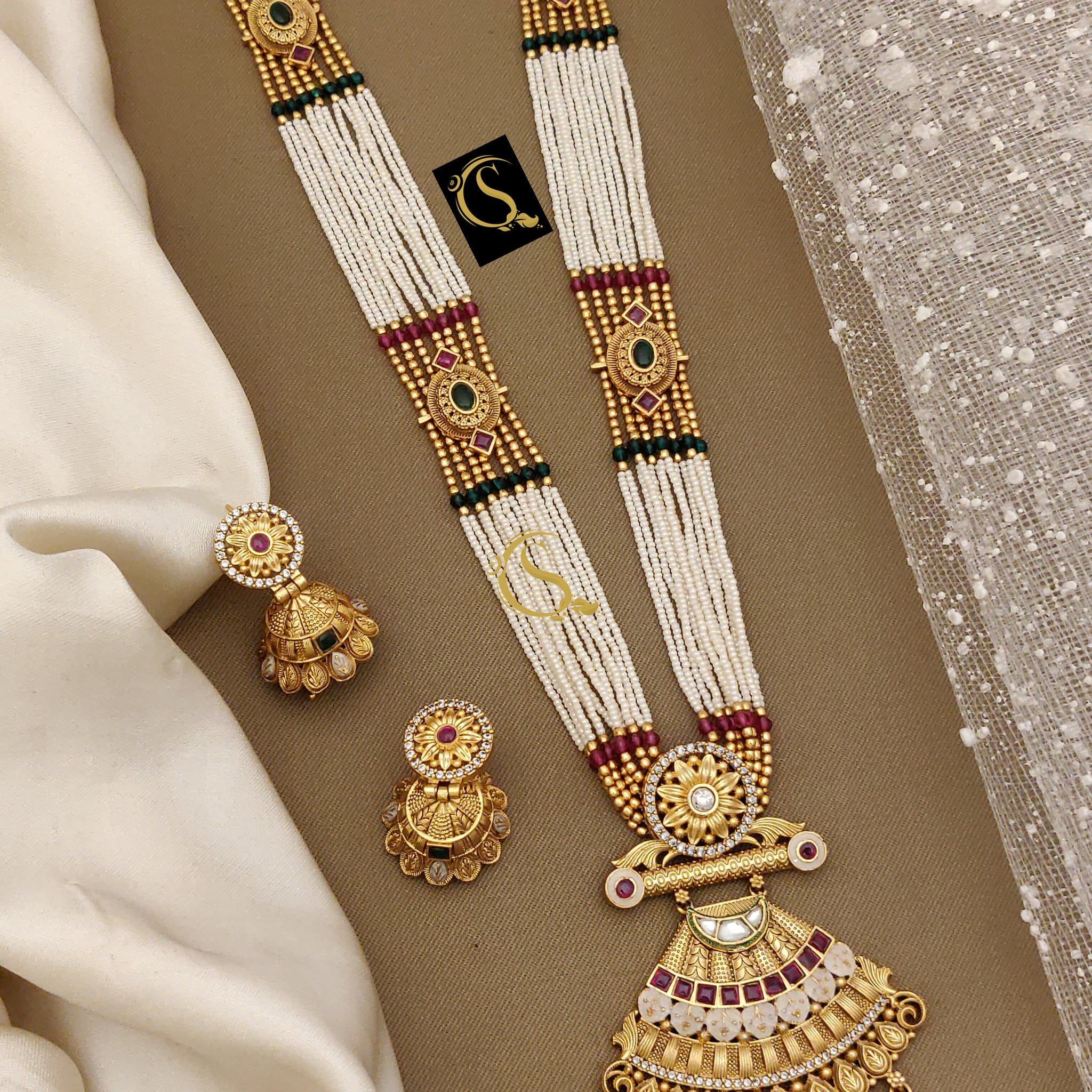 Beautiful Rajwadi Antique Long Necklace with Earrings Jewellery