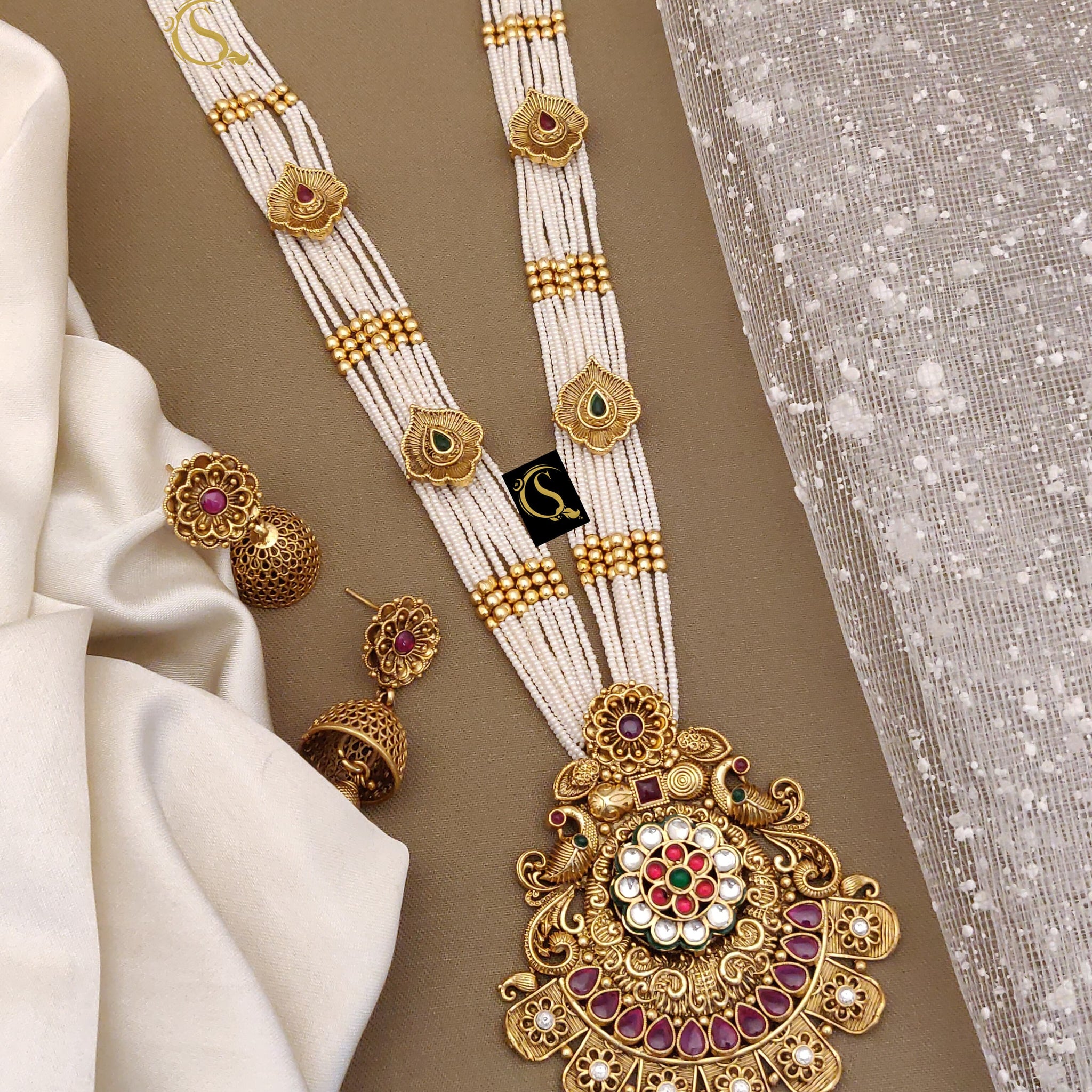 Beautiful Rajwadi Antique Long Necklace with Earrings Jewellery