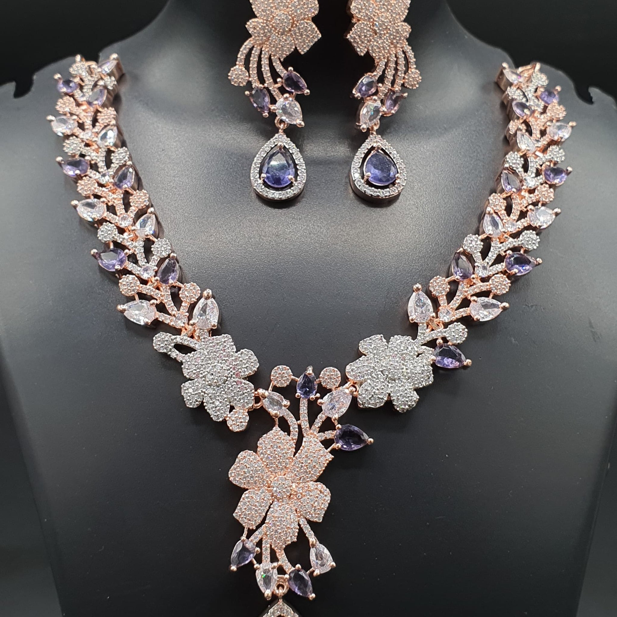 Beautiful American Diamond Antique Stone Necklace with Earrings Jewellery