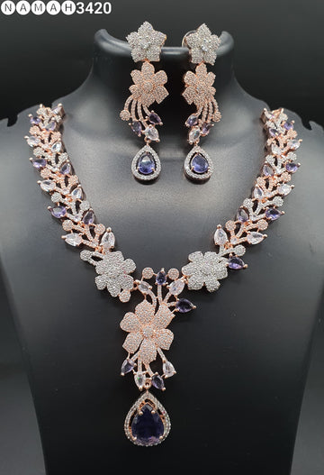 Beautiful American Diamond Antique Stone Necklace with Earrings Jewellery