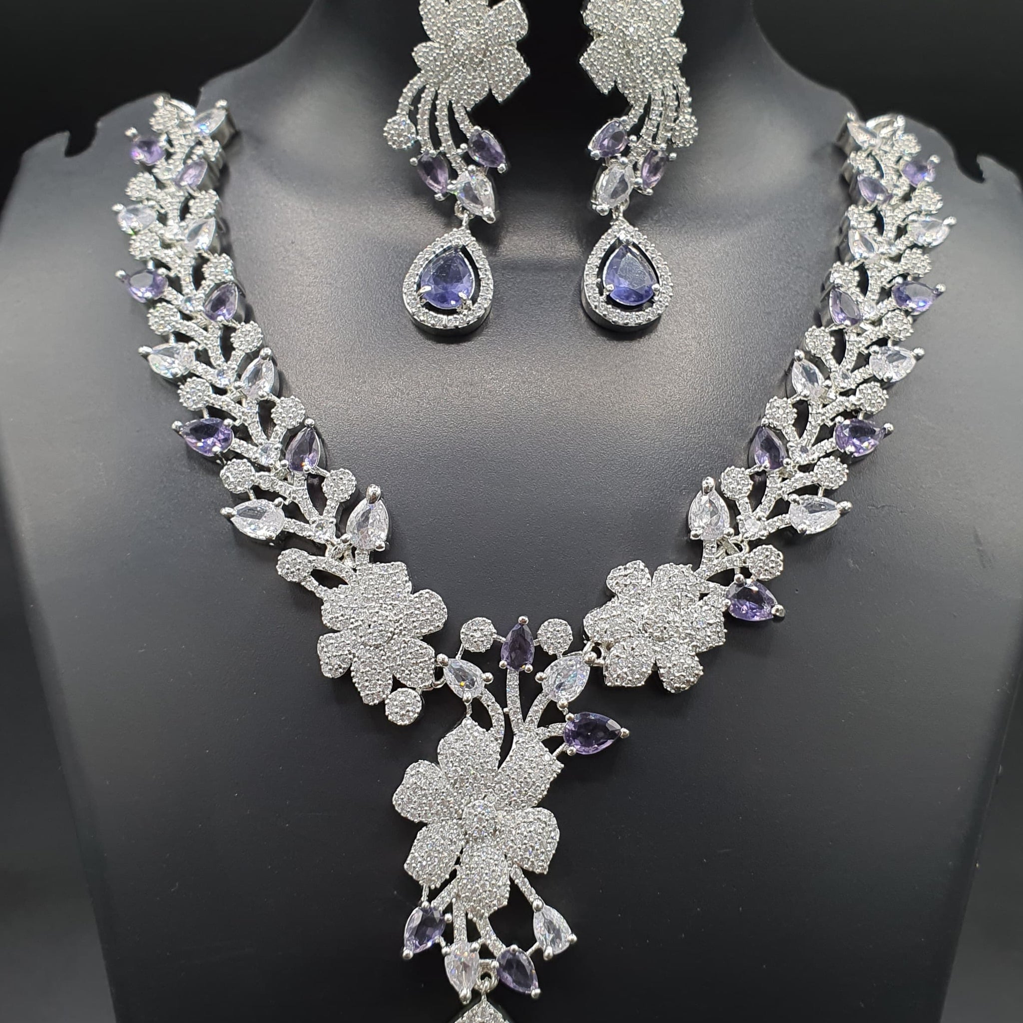 Beautiful American Diamond Antique Stone Necklace with Earrings Jewellery