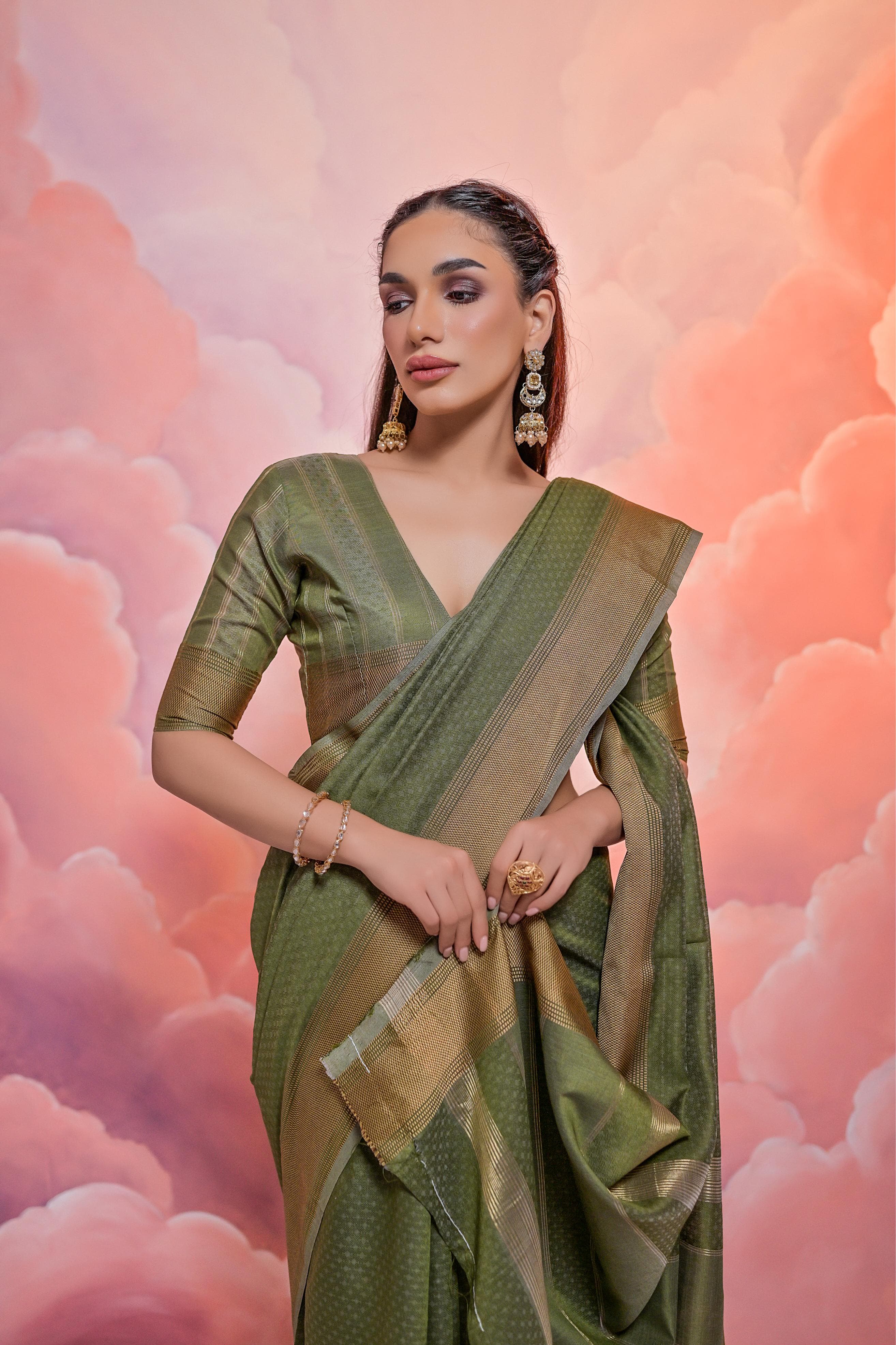 Buy Olive Green Resham Art Work Silk Saree Online