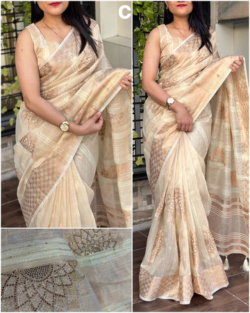 Beautiful Designer Minakari Pure Organza Linen Jacquard Saree