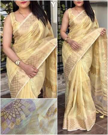 Beautiful Designer Minakari Pure Organza Linen Jacquard Saree