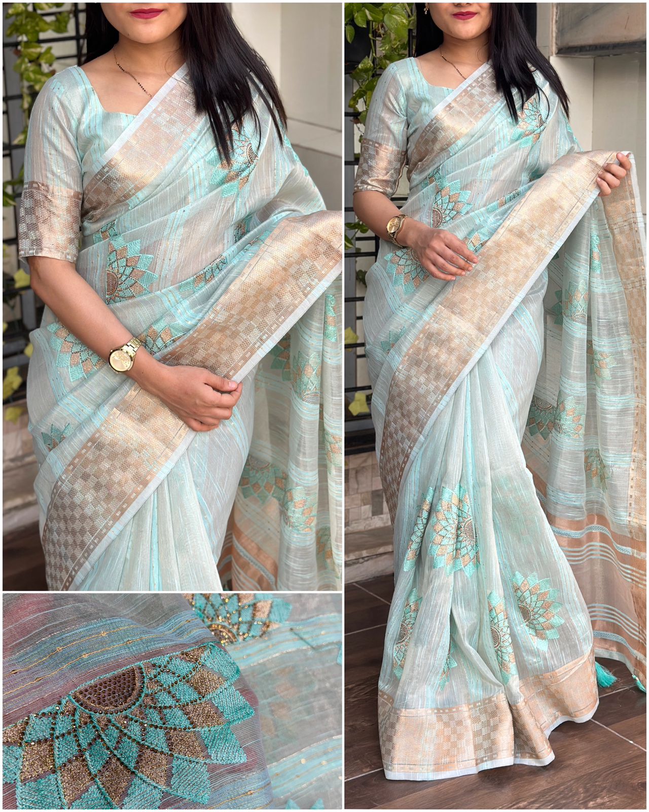 Beautiful Designer Minakari Pure Organza Linen Jacquard Saree