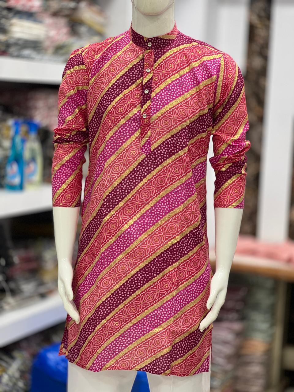 Party Wear Men's Cotton Lehariya Print Kurta