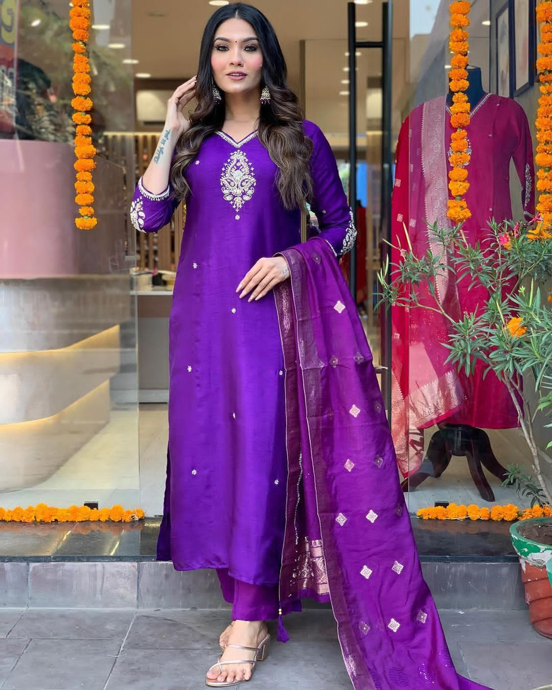 Party Wear Purple Cotton Silk Salwar Suit