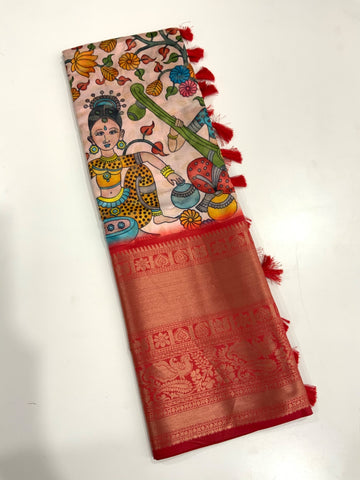 Beautiful Designer Soft Banarasi Silk Kalamkari Flower Print Saree