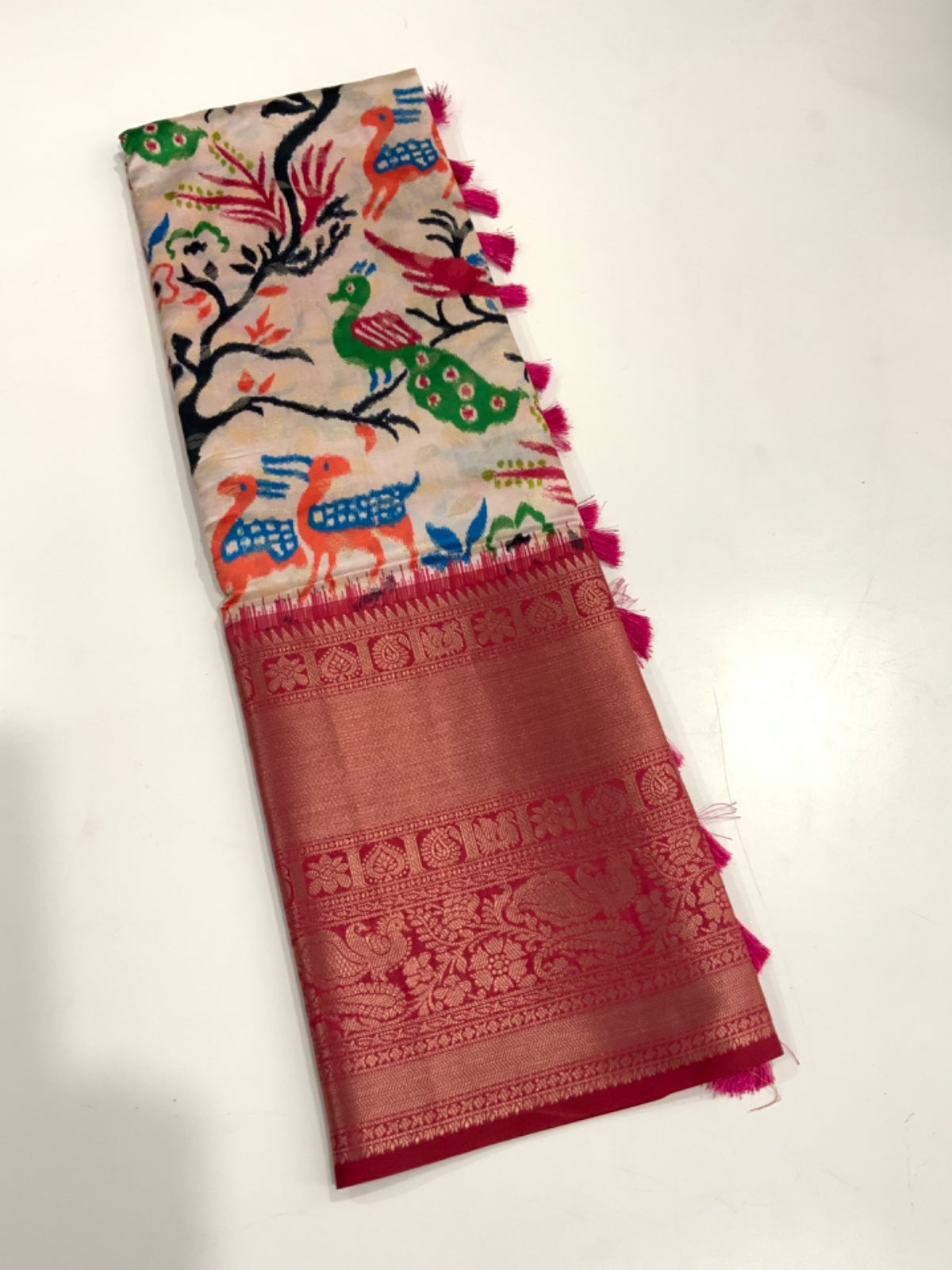 Beautiful Designer Soft Banarasi Silk Kalamkari Flower Print Saree