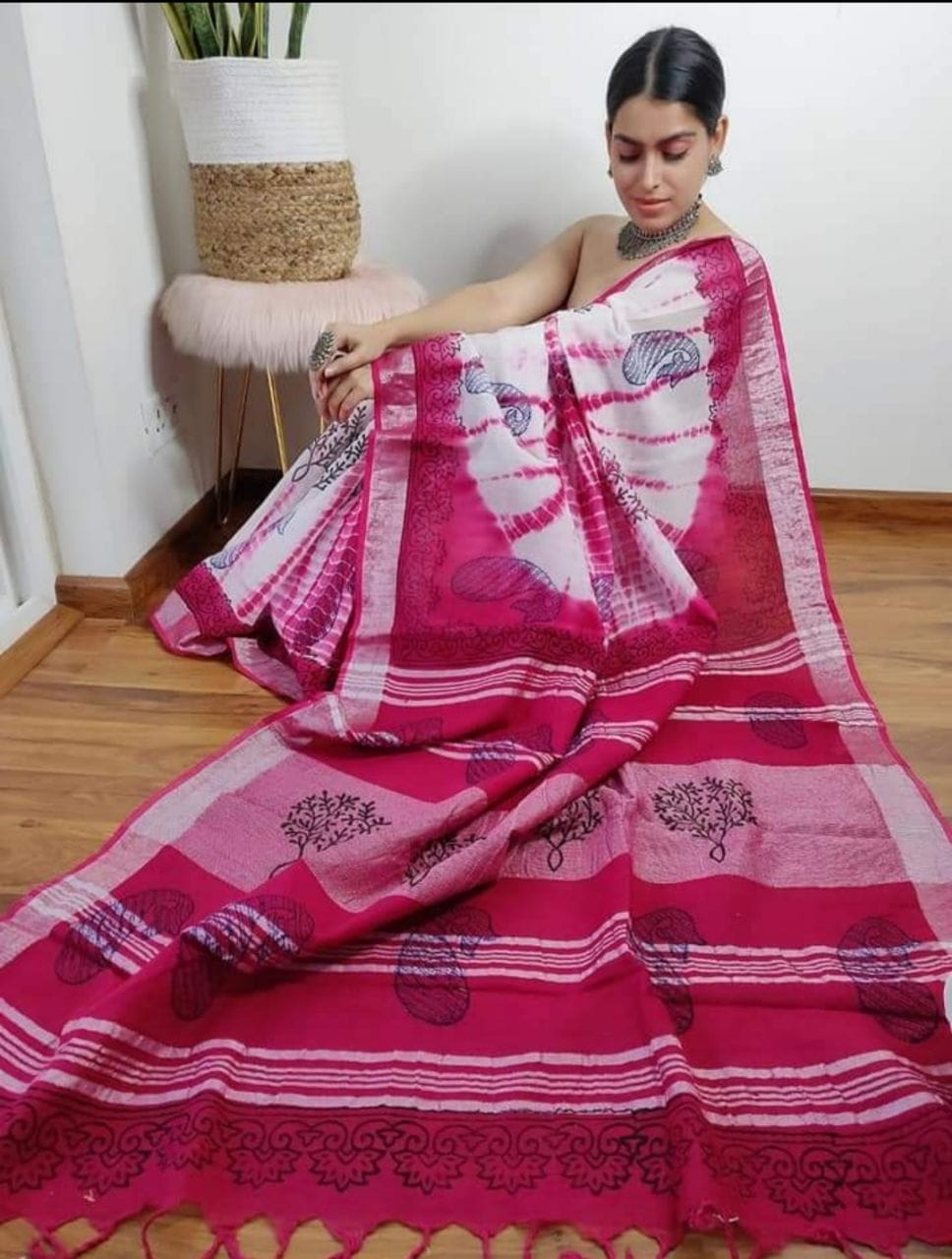 Beautiful Designer Original Linen With Silver Jari Patta Saree