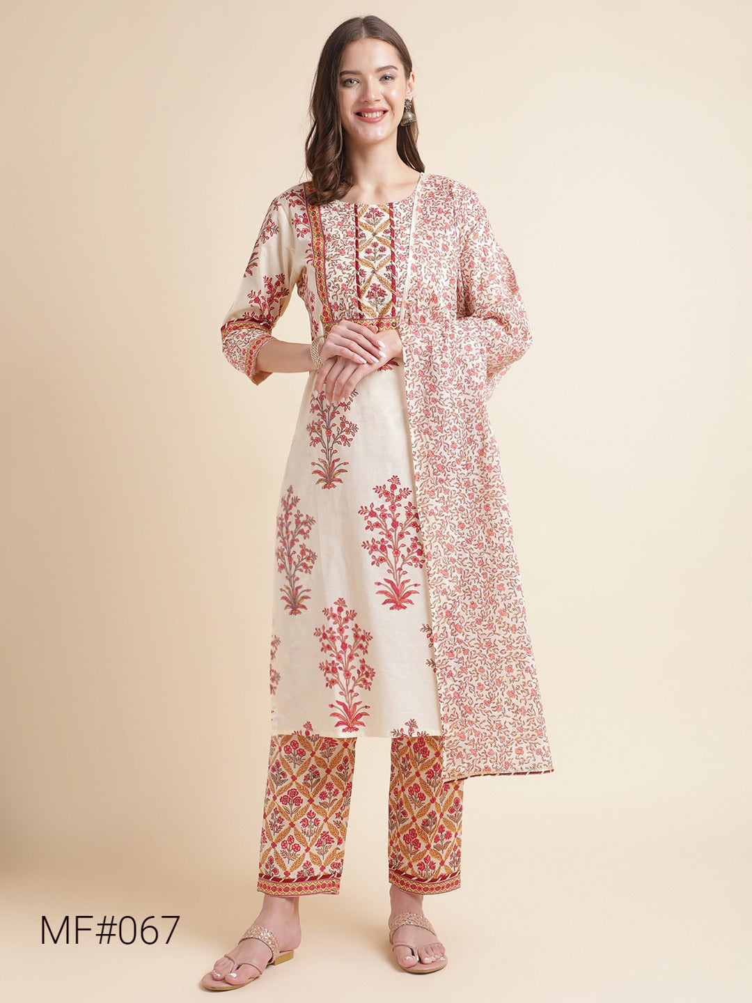 Beautiful Off-White Printed Pure Cotton Kurta with Pants & Dupatta