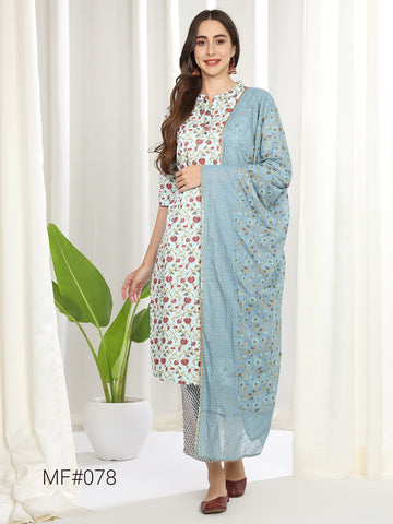 Women Floral Print Straight Kurta with Pants & Dupatta