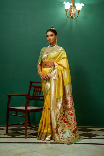 Beautiful Designer Yellow Soft Paithani Silk Saree With Blouse