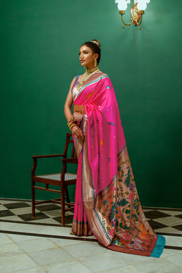 Beautiful Designer Heavy Wevon Zari Designer Pink Colour Paithani Silk Saree