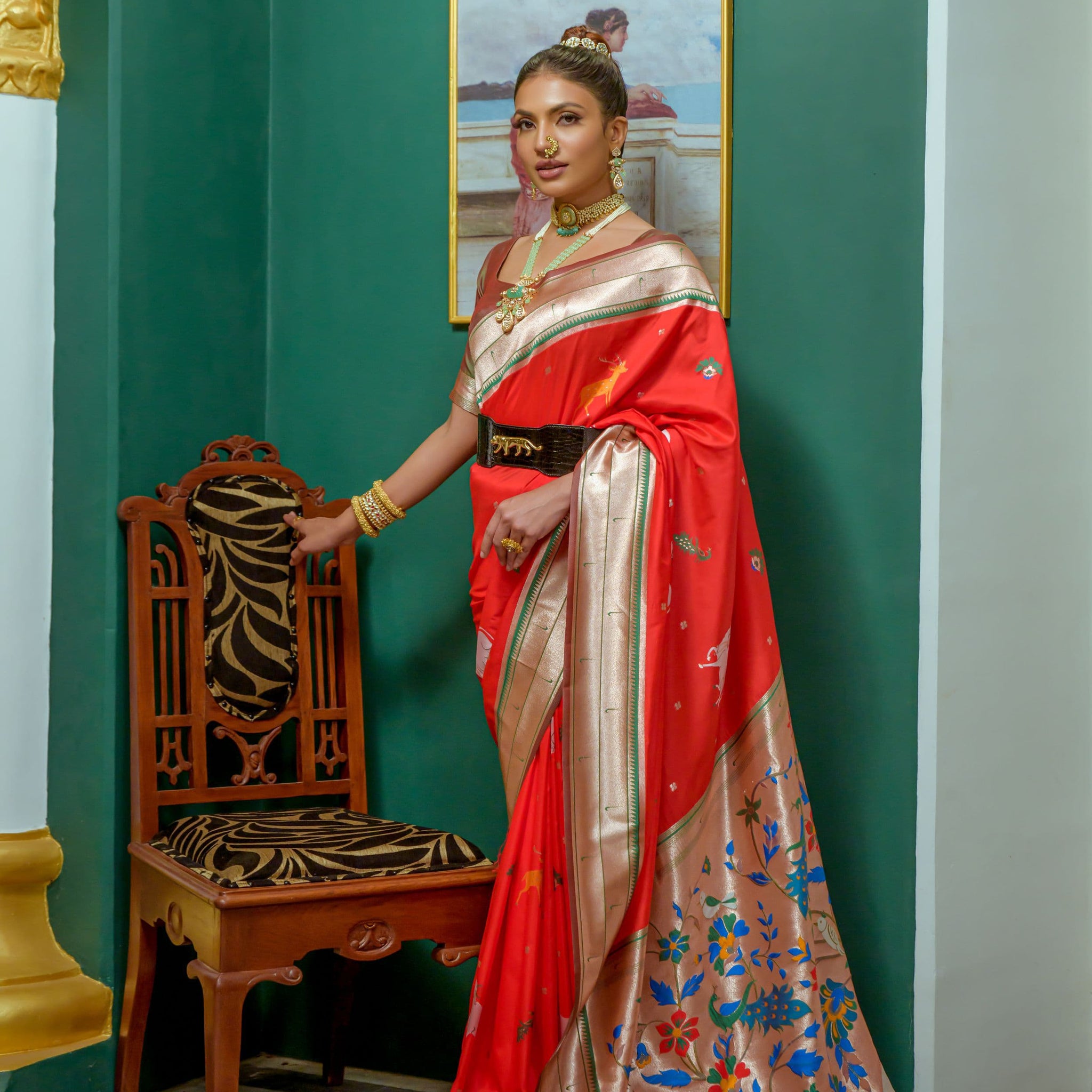 Beautiful Designer Pomegranate Red Woven Paithani Silk Saree