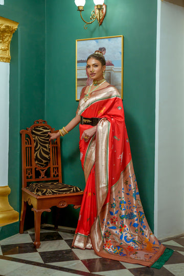 Beautiful Designer Pomegranate Red Woven Paithani Silk Saree