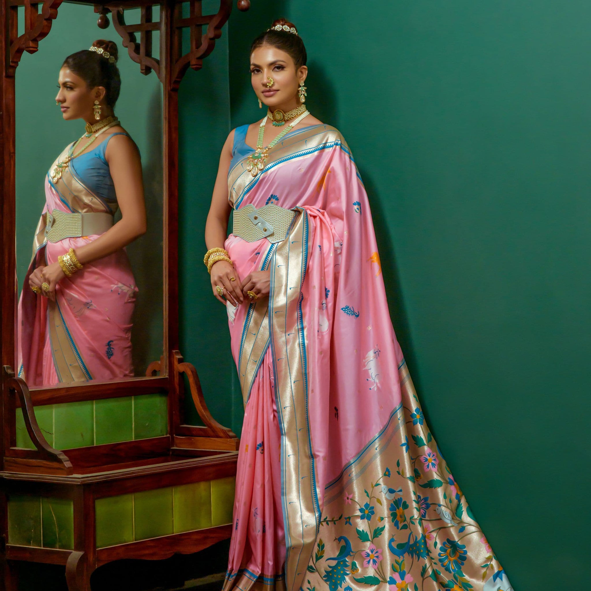 Beautiful Designer Baby Pink Soft Paithani Silk Saree With Blouse